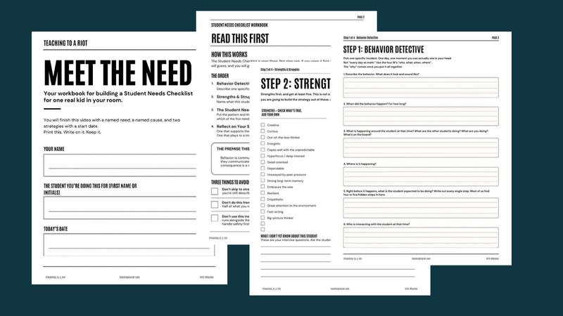 Pages from the Student Needs Workshop Workbook with checkboxes and lines to write on