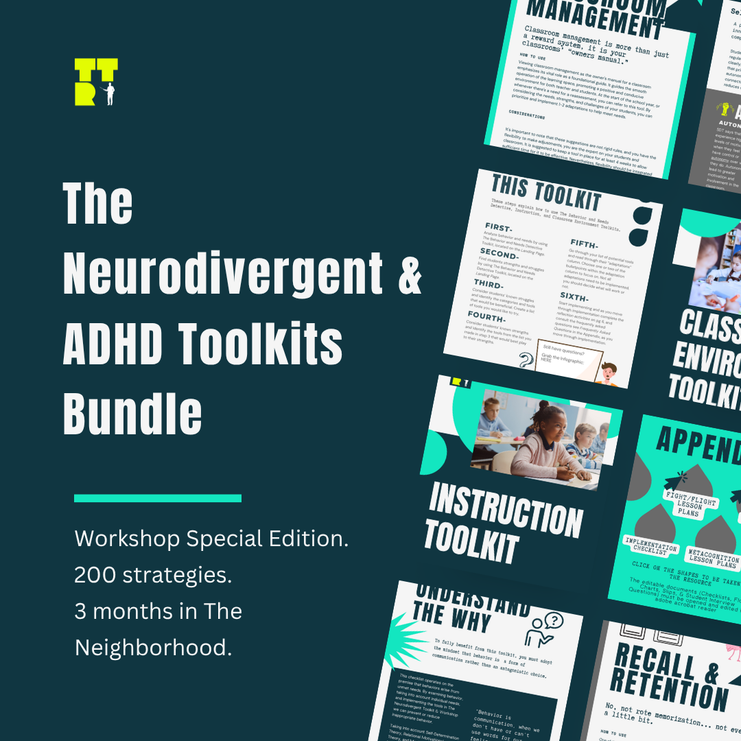 Cover image for The Neurodivergent and ADHD Toolkits Bundle, Workshop Special Edition. Text reads: 200 strategies. 3 months in The Neighborhood. Sample pages from the toolkits are shown on the right.