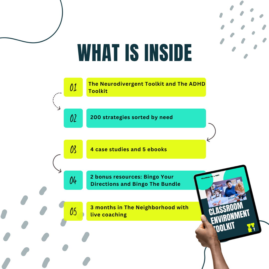 List titled What Is Inside. 1: The Neurodivergent Toolkit and The ADHD Toolkit. 2: 200 strategies sorted by need. 3: 4 case studies and 5 ebooks. 4: 2 bonus resources, Bingo Your Directions and Bingo The Bundle. 5: 3 months in The Neighborhood with live coaching. A hand holds a tablet showing the Classroom Environment Toolkit cover.
