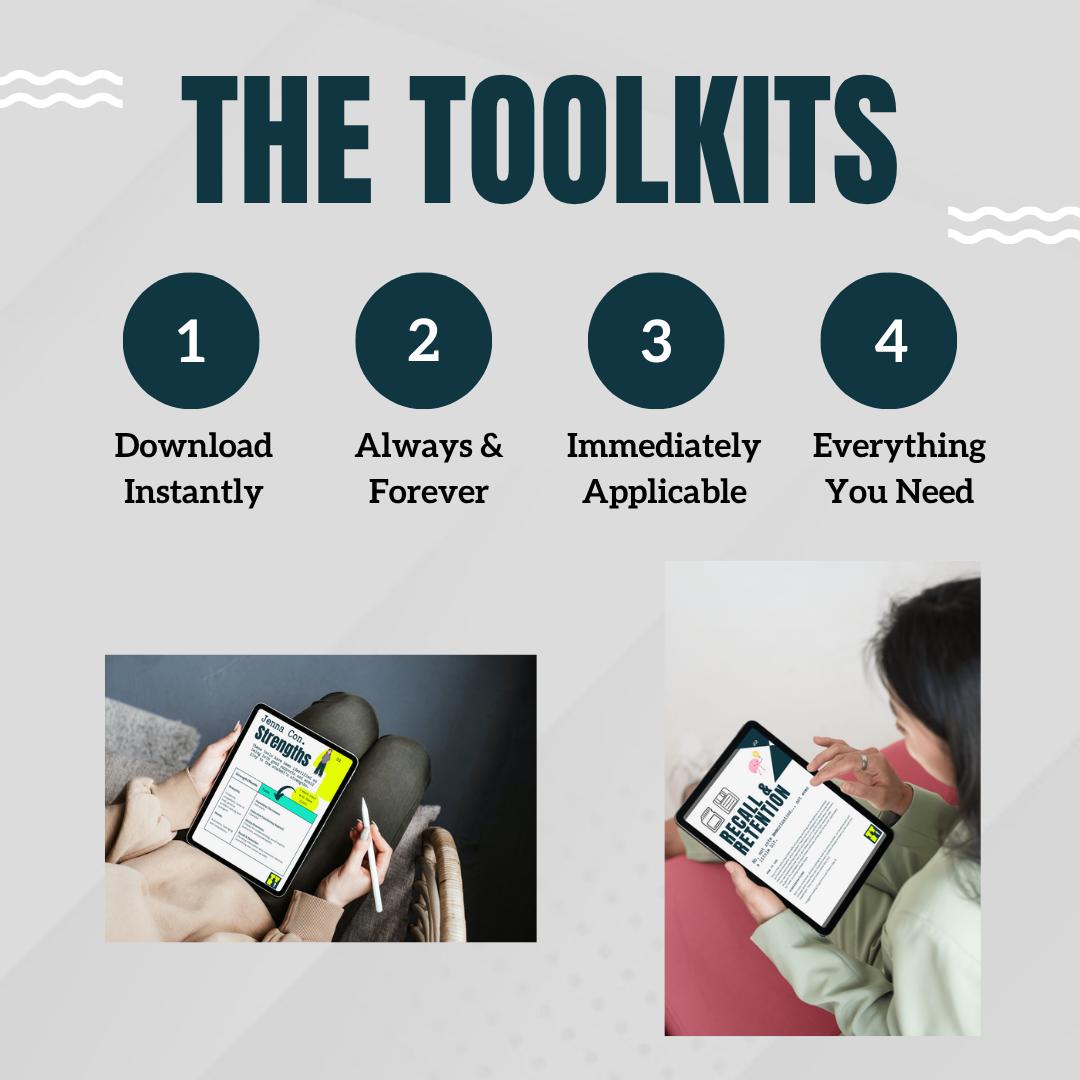 Image titled The Toolkits with four numbered points: Download Instantly, Always and Forever, Immediately Applicable, Everything You Need. Two photos show people reading toolkit pages on tablets.