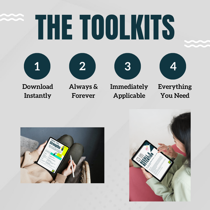 Image titled The Toolkits with four numbered points: Download Instantly, Always and Forever, Immediately Applicable, Everything You Need. Two photos show people reading toolkit pages on tablets.