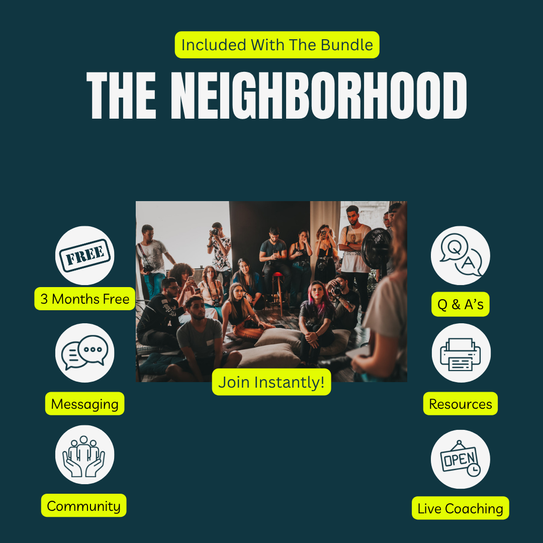 Image titled The Neighborhood, included with the bundle. Six icons are labeled: 3 Months Free, Messaging, Community, Q and A's, Resources, Live Coaching. A photo in the center shows a group of adults sitting together and listening.