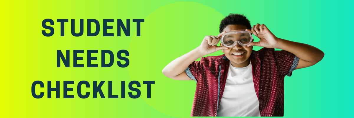 Student Needs Checklist Teacher Freebie: Description: Black middle school student is smiling at the camera and holding up goggles to his face. He is about to start a science experiment!