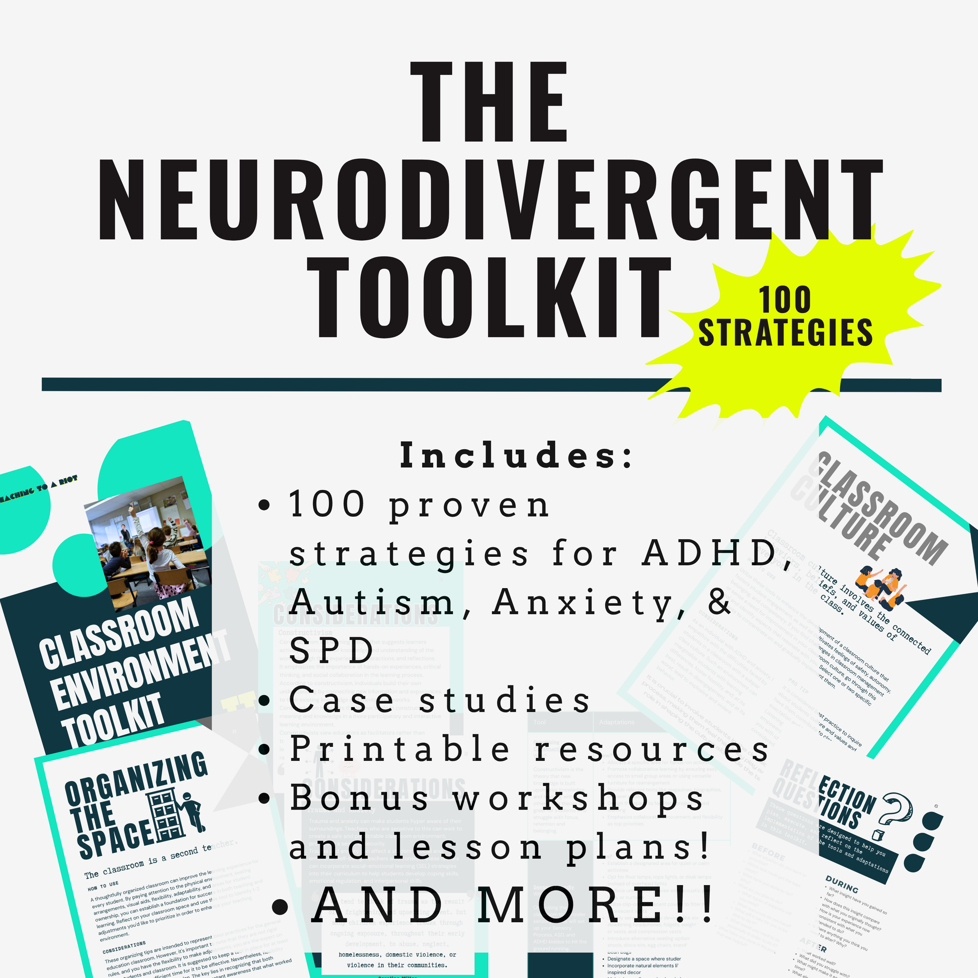 Promotional graphic for 'The Neurodivergent Toolkit' with text and images of resources.