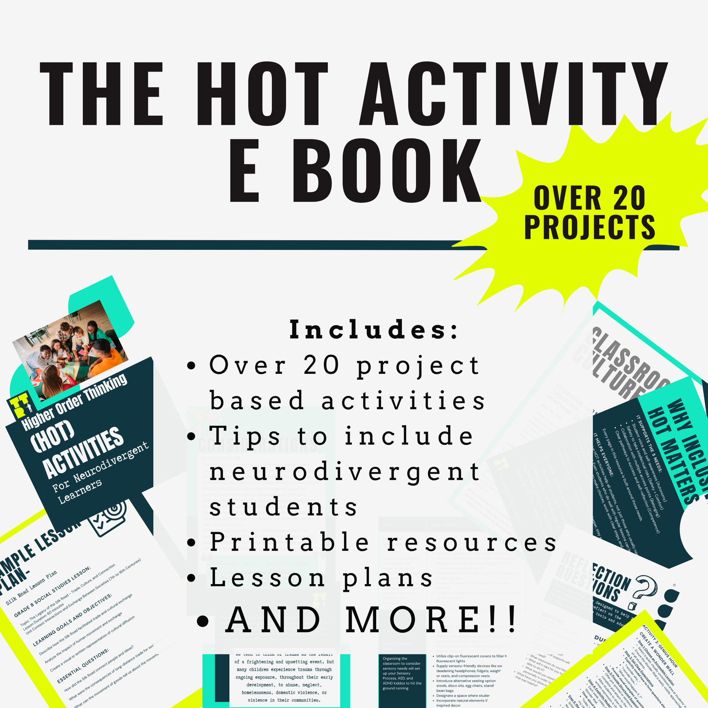 Promotional graphic for 'The Hot Activity E Book' with text and images of educational materials.