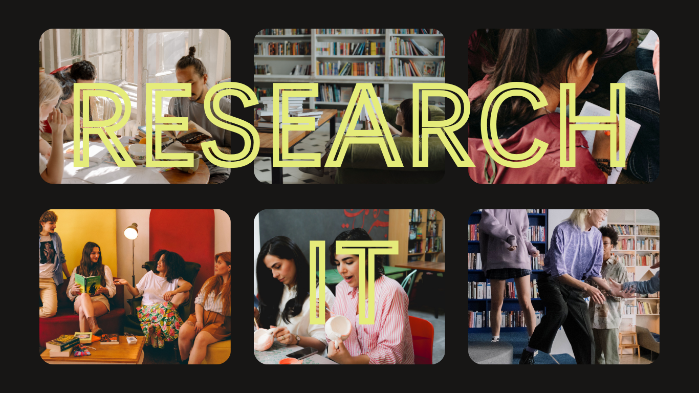 A collage of six rounded rectangular photos showing people studying, reading, and working together, overlaid with large yellow outlined text reading 'RESEARCH IT' on a dark background.