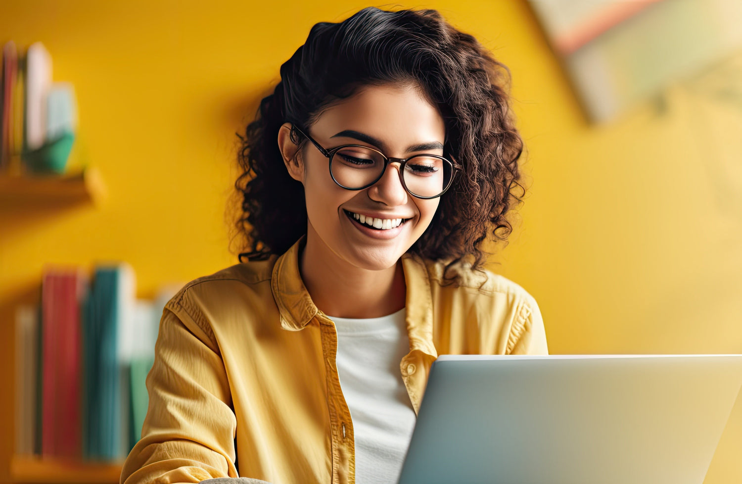 Young female teacher is smiling down at her laptop as she participates in a live training