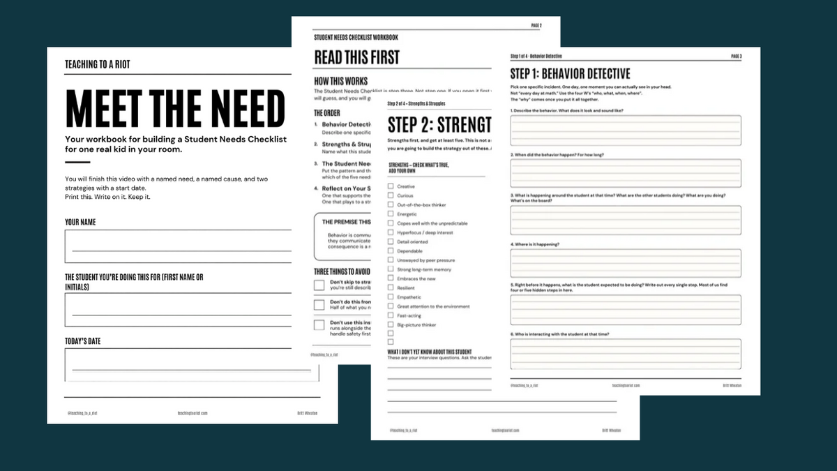 Pages from the Student Needs Workshop Workbook with checkboxes and lines to write on